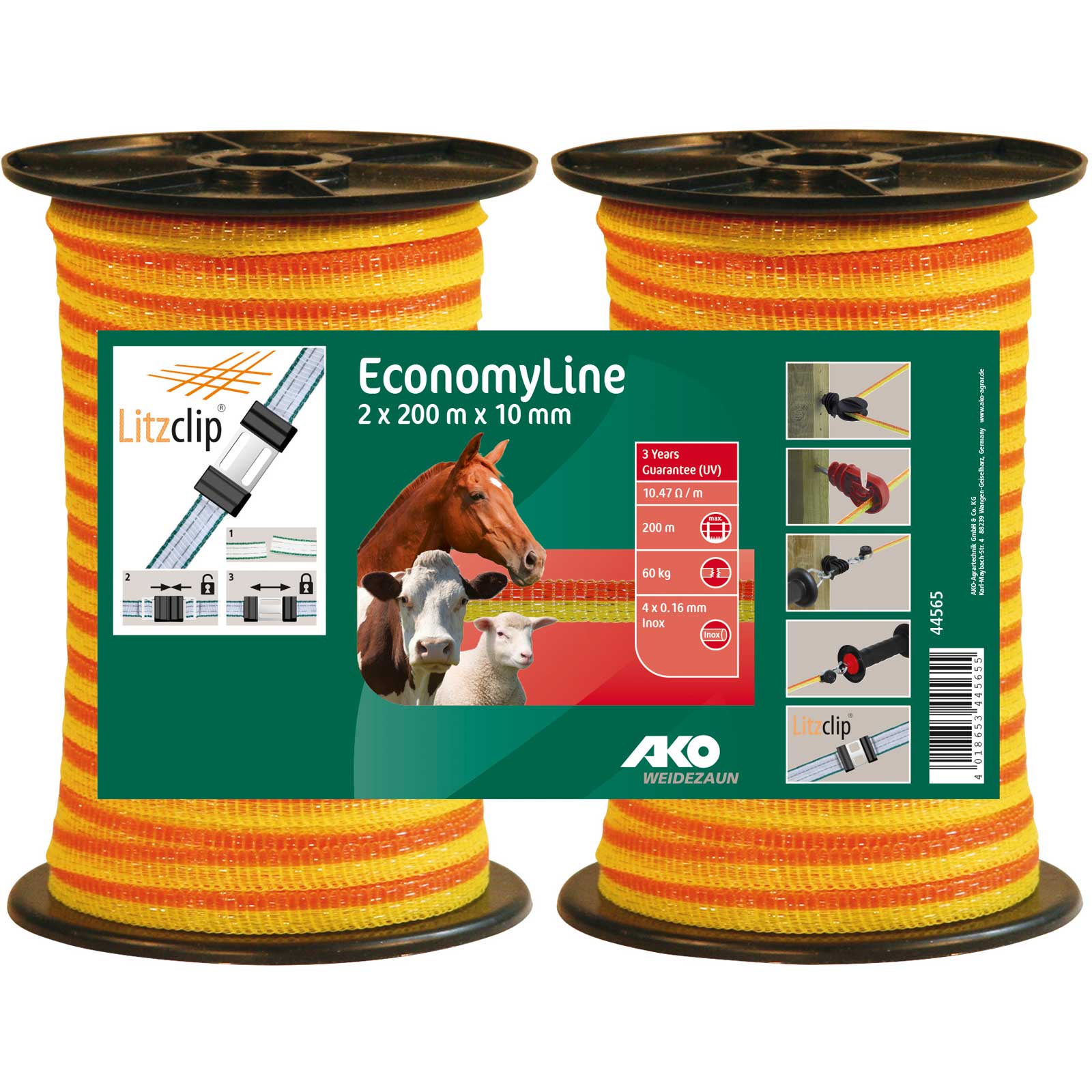 Ruban de clôture électrique AKO EconomyLine 400m, 10mm, 4x0.16 acier inoxydable, jaune/orange