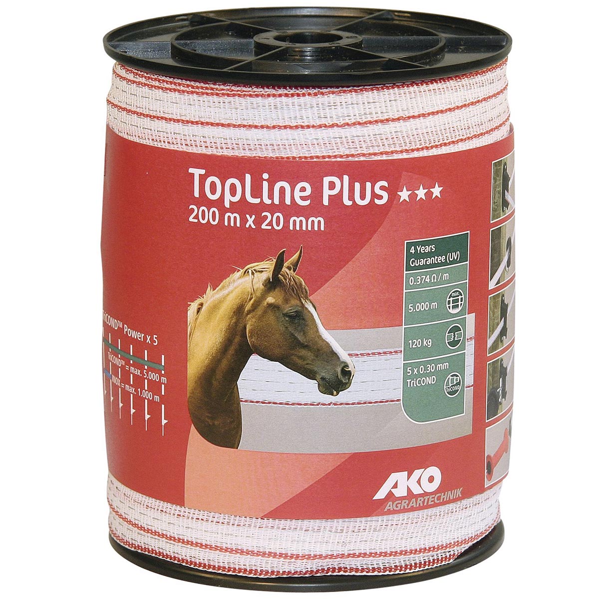 Ruban de clôture électrique AKO TopLine Plus, 0,30 TriCOND, blanc / rouge