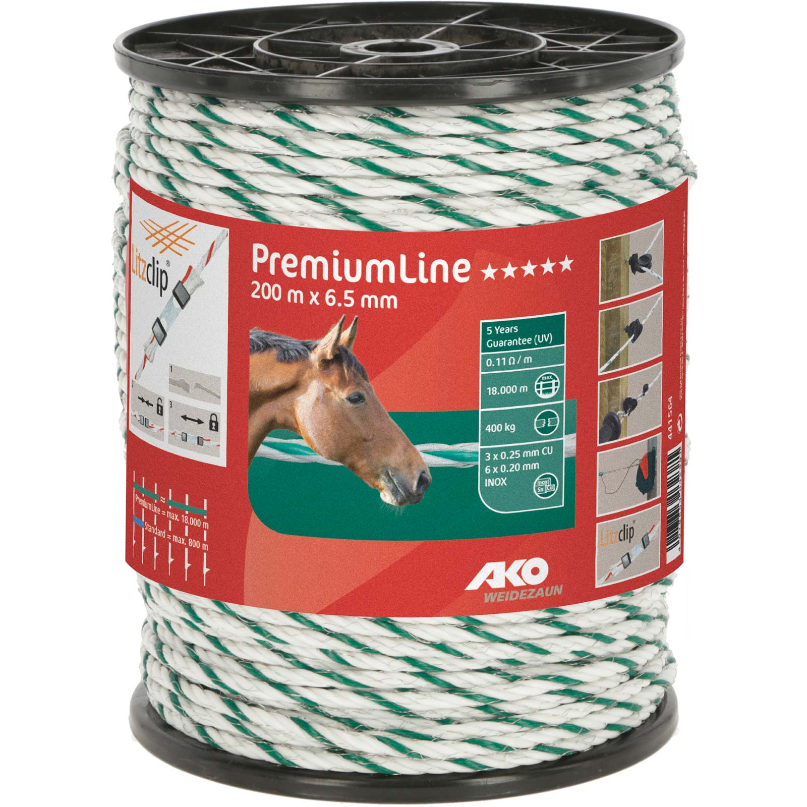 Corde de clôture électrique AKO Premium Line 200m, Ø 6,5mm, 6x0.20 Niro + 3x0.25 cuivre, blanc-vert
