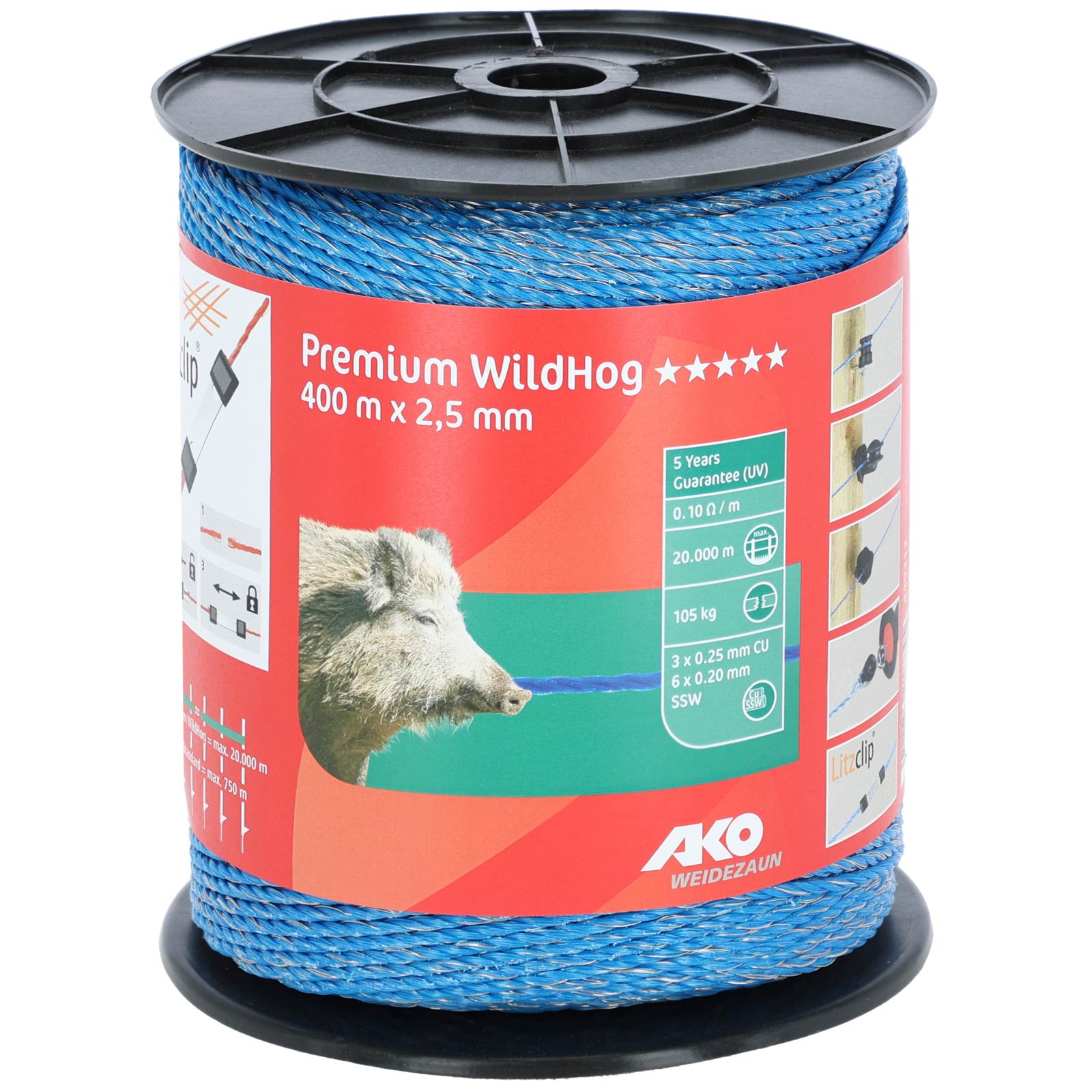 AKO Premium WildHog fil de clôture électrique 400 m, 6x0.20 acier 3x0.25 cuivre, bleu