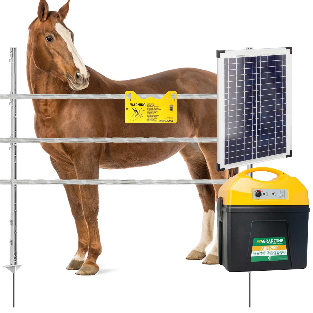 Kit clôture pour chevaux ABN2500 solaire, ruban 1000m, 3 rangées, 1 porte