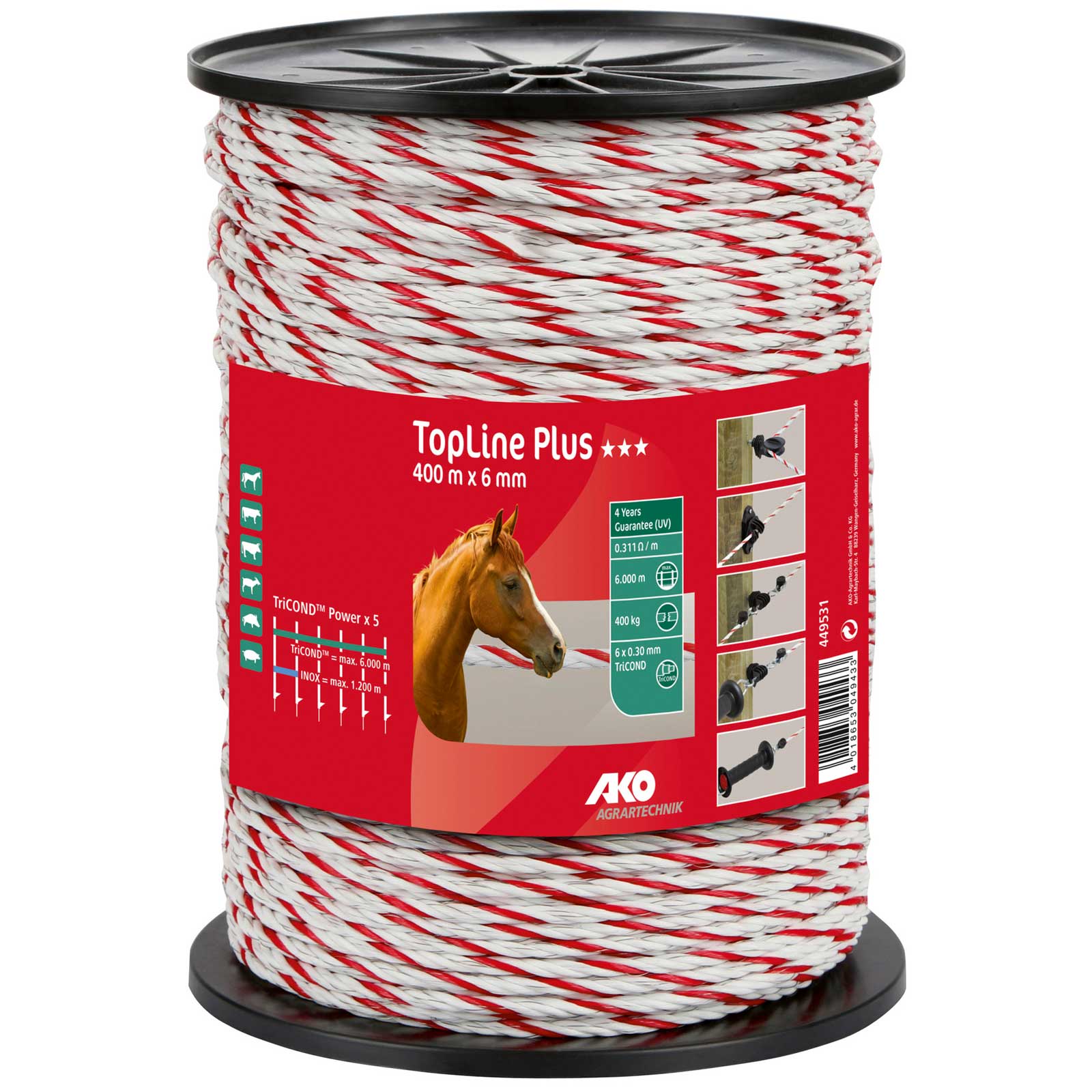 Corde de clôture électrique AKO TopLine Plus Ø 6mm, 6x0.30 TriCOND, blanc / rouge