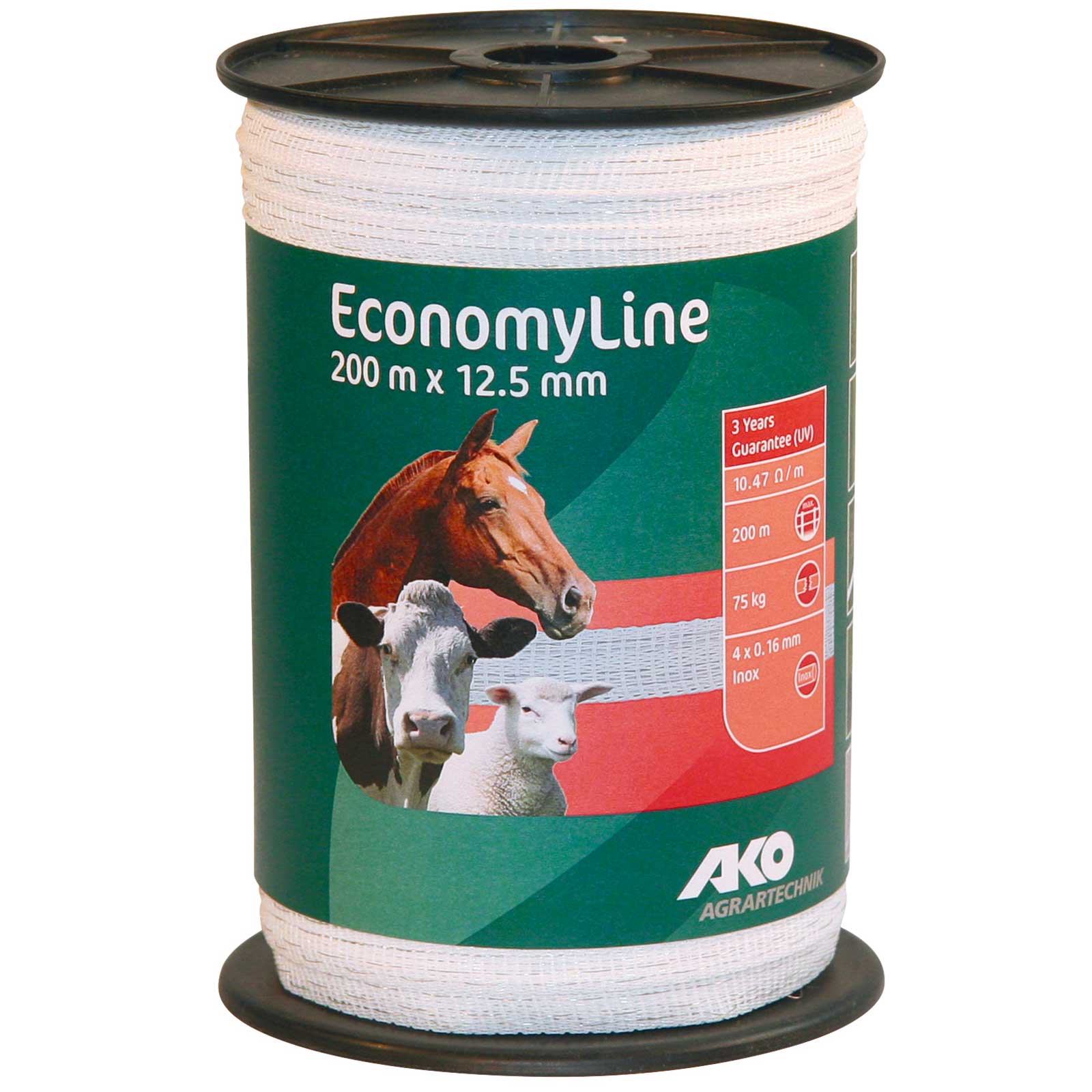 Ruban de clôture électrique AKO EconomyLine 200m, 12,5mm, 4x0,16 acier inoxydable, blanc