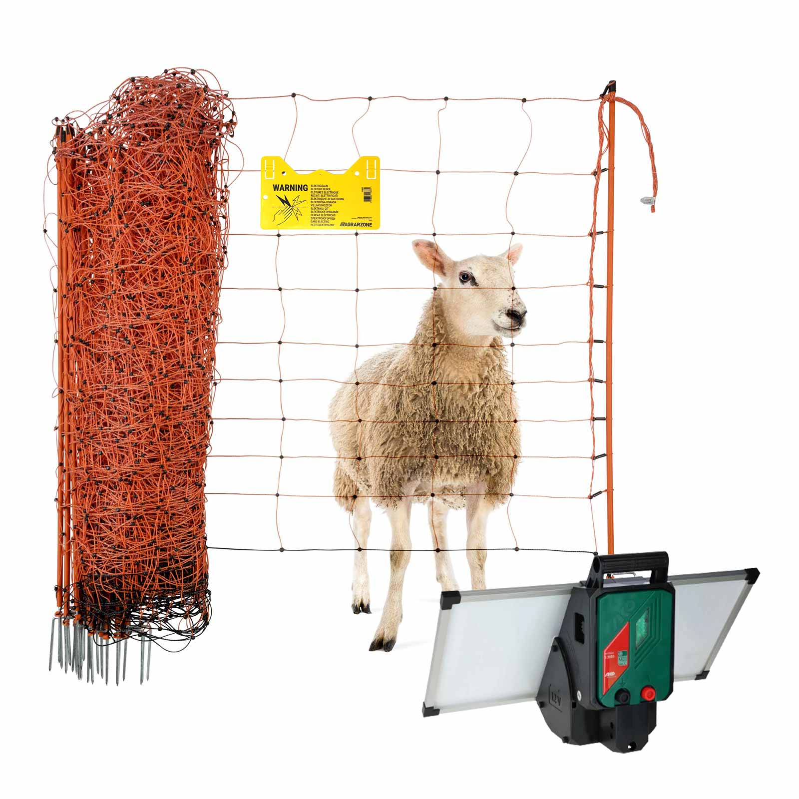 Kit clôture électrique solaire Agrarzone Sun Power 3000 12V, 4,2J, filet 50m x 90cm, orange-jaune, pour moutons