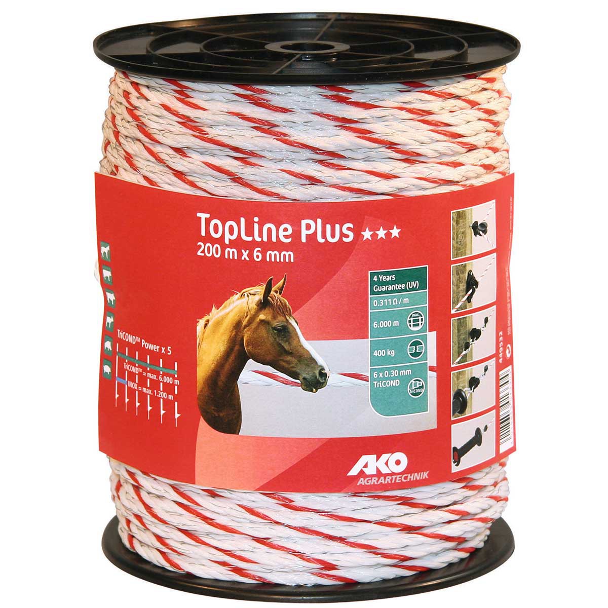 Corde de clôture électrique AKO TopLine Plus 200 m, Ø 6mm, 6x0.30 TriCOND, blanc / rouge