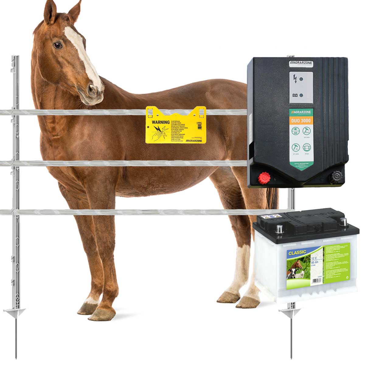 Kit complet de cloture electrique Agrarzone pour chevaux DUO3000 12V/230V, 4,5J, ruban 1200m, 1 porte