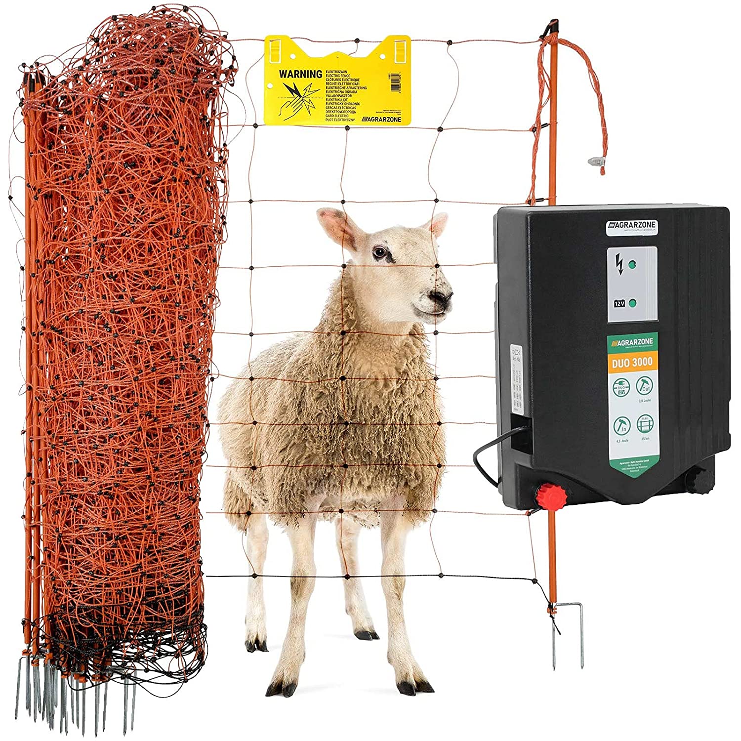 Kit clôture pour moutons Agrarzone DUO 3000 12V/230V, 4,5J, filet 50m x 90cm, orange