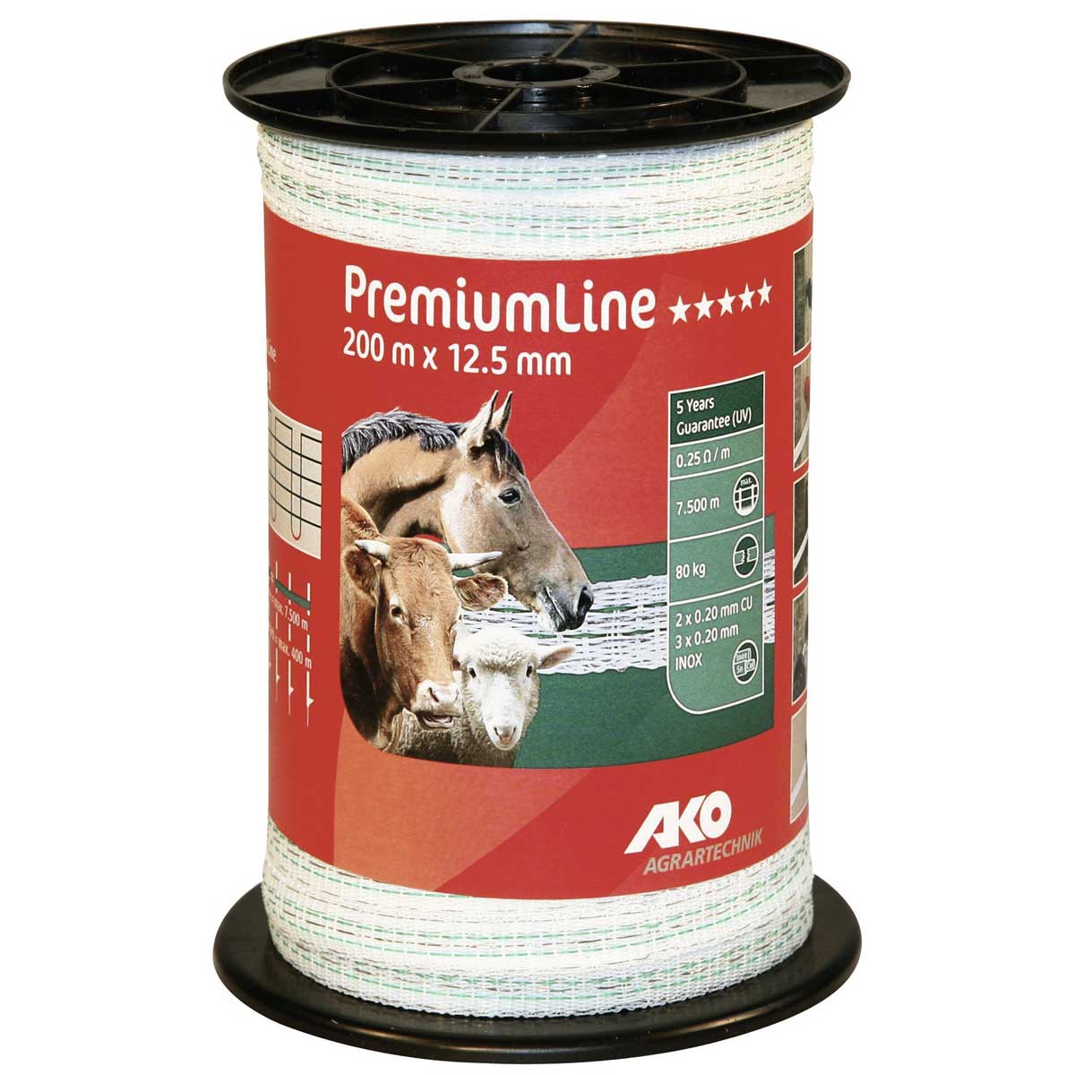 Ruban de clôture AKO PremiumLine 200 m 12,5mm, 3x0.20 Niro + 2x0.20 cuivre blanc/vert