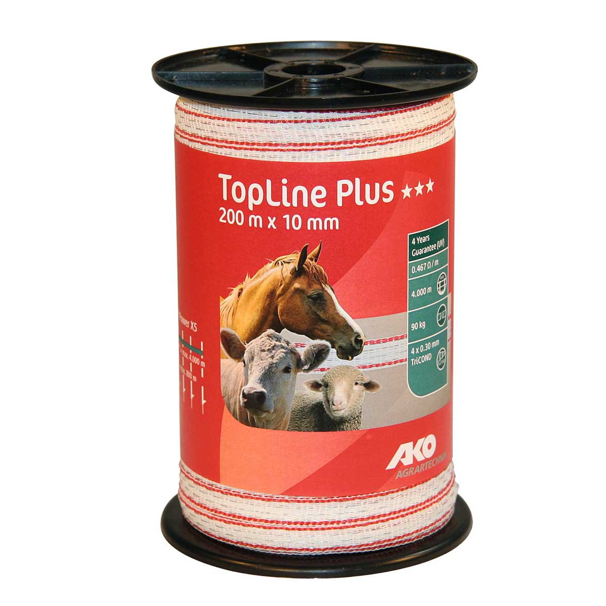 Ruban de clôture électrique AKO TopLine Plus, 200 m, 10 mm, 4x0.30 TriCOND, blanc / rouge