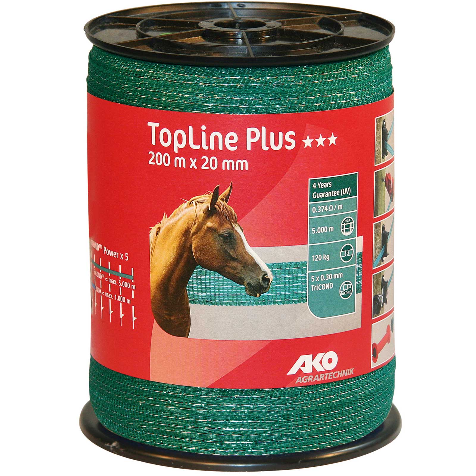Ruban de clôture électrique AKO TopLine Plus 200m, 0.30 TriCOND, vert 200 m x 20 mm