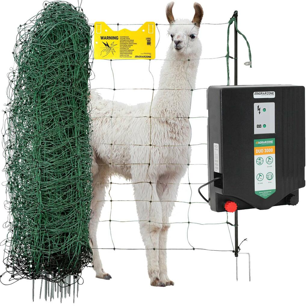 Kit clôture pour lamas, alpagas et chèvres Agrarzone & électrificateur DUO 3000 12V/230V, 4.5J, filet 50m x 108cm, vert