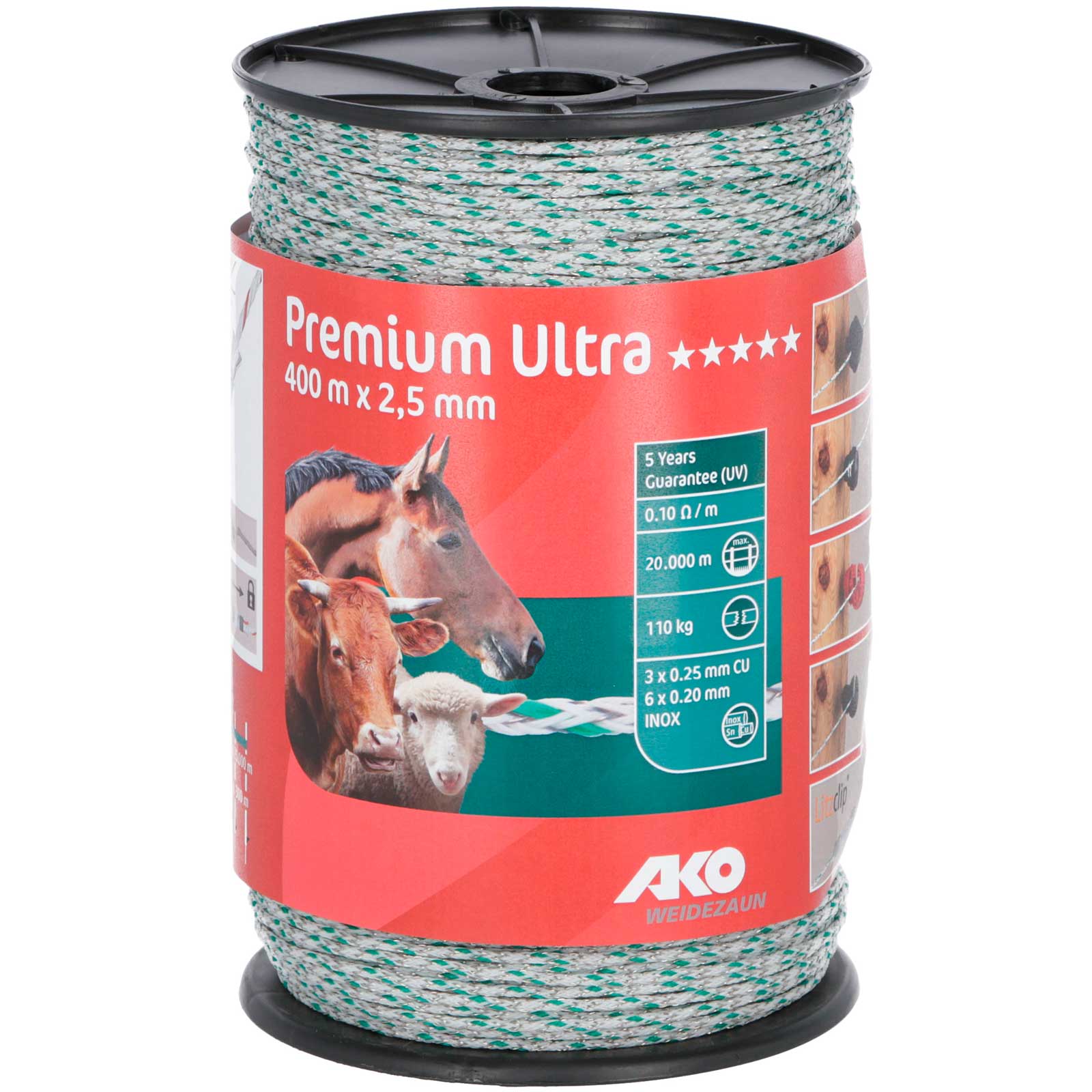 Fil de clôture électrique AKO Premium Ultra 400m, 6x0.20 acier + 3x0.25 cuivre, blanc / vert