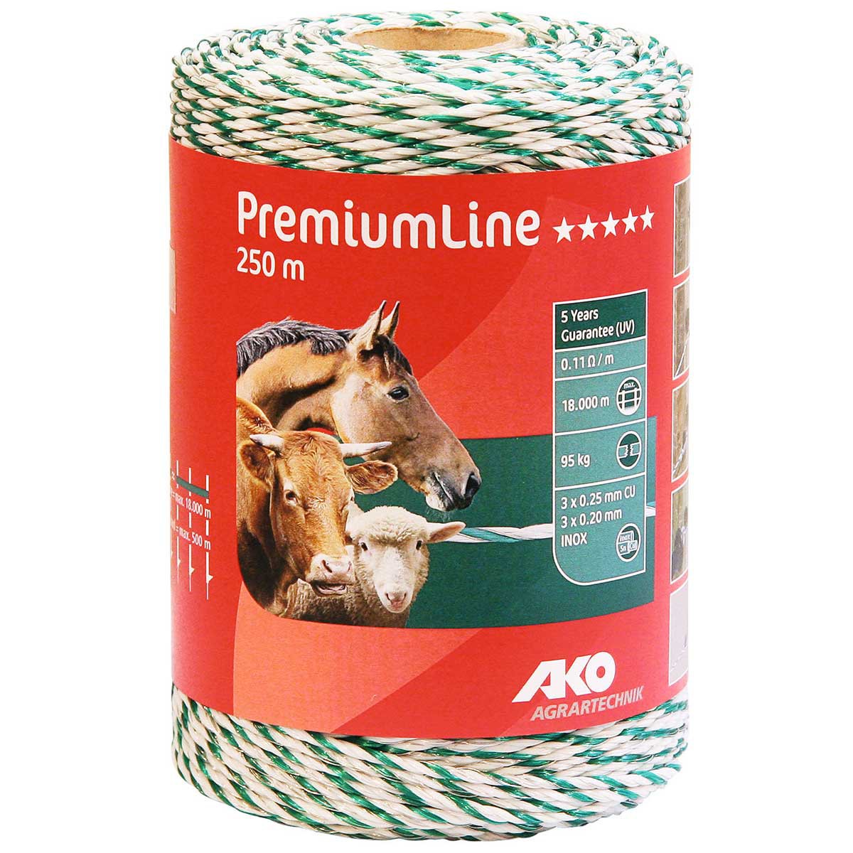 Fil de clôture électrique AKO PremiumLine 250 m, 3x0.20 acier + 3x0.25 cuivre, blanc / vert