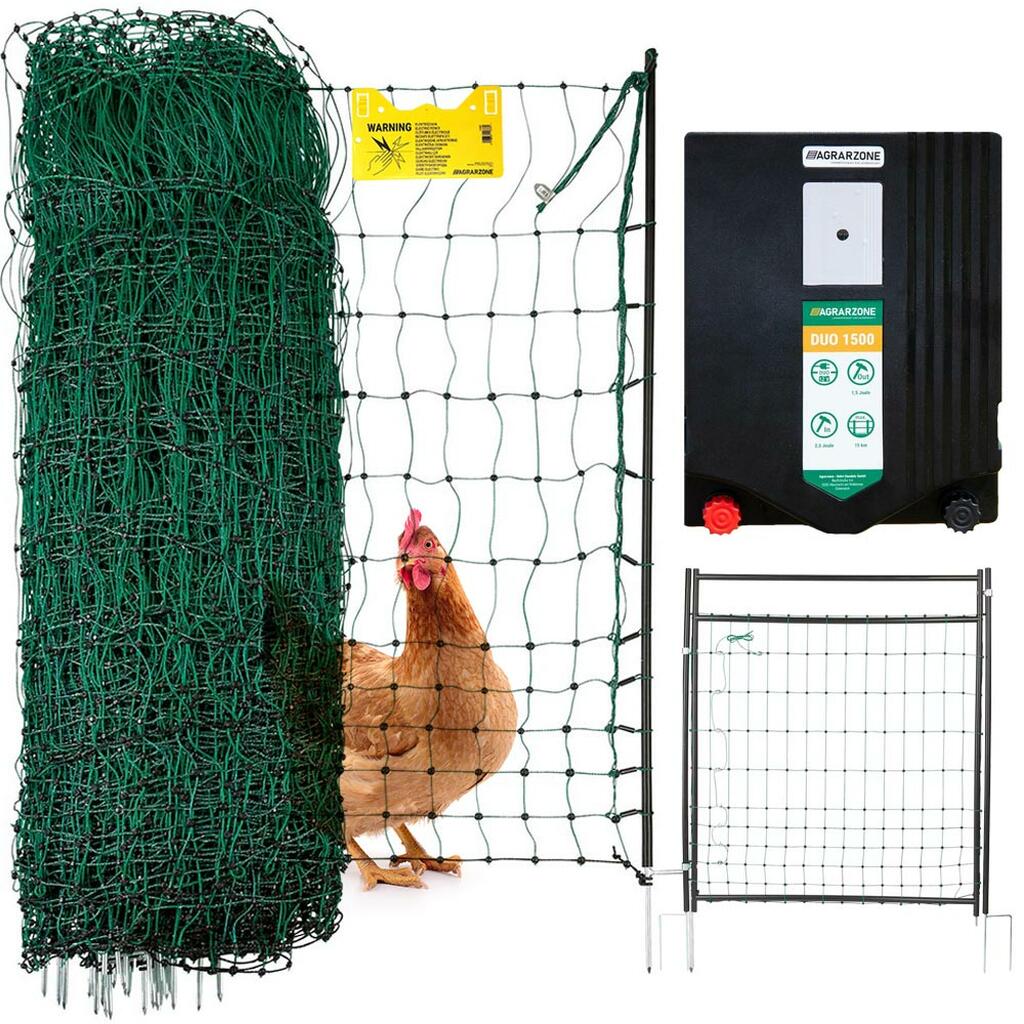 Kit clôture pour volailles Agrarzone DUO 1500 12V/230V, 2J, filet 50m x 112cm, avec porte, vert