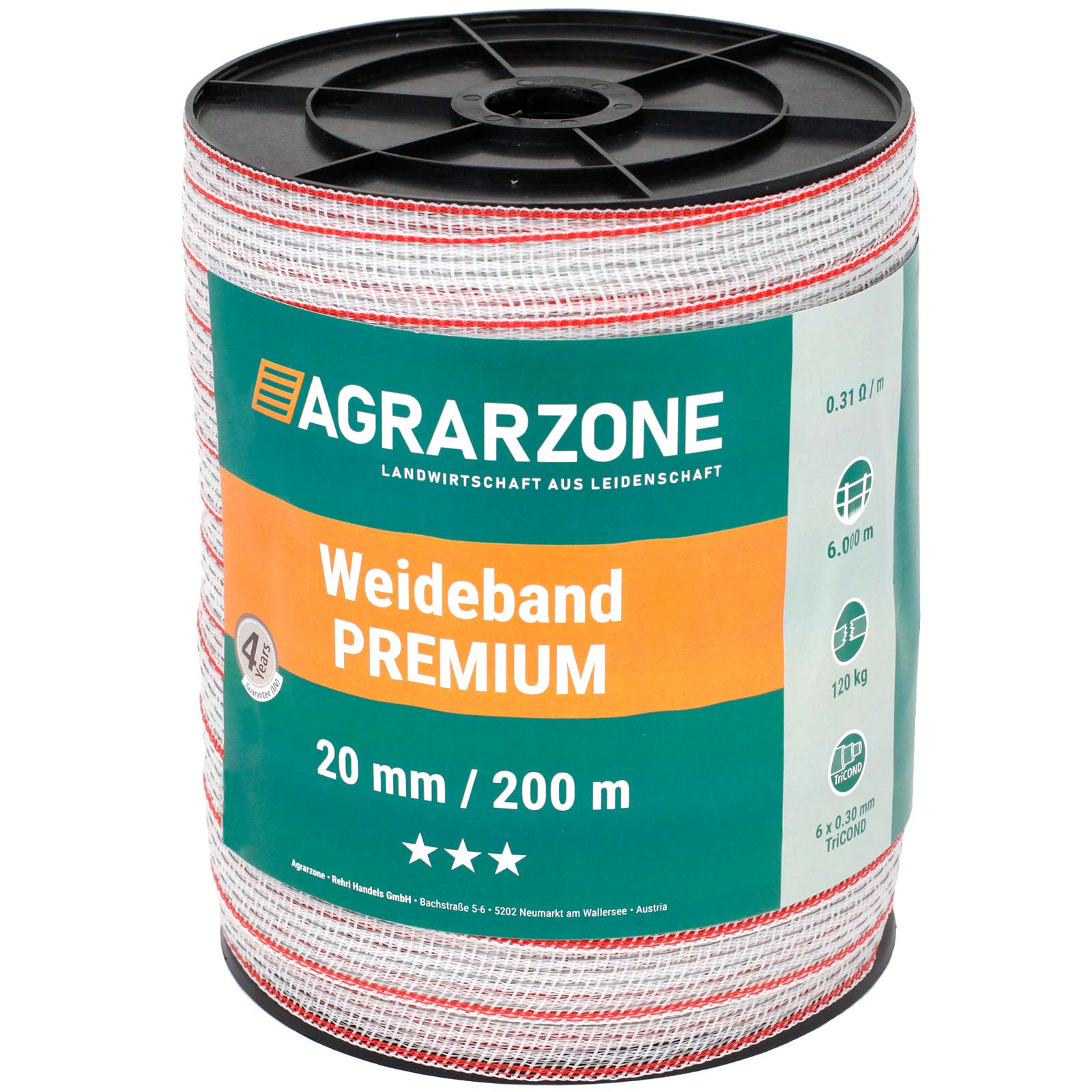 Ruban de clôture électrique Agrarzone PREMIUM 0,30 TriCOND, blanc-rouge 200 m x 20 mm