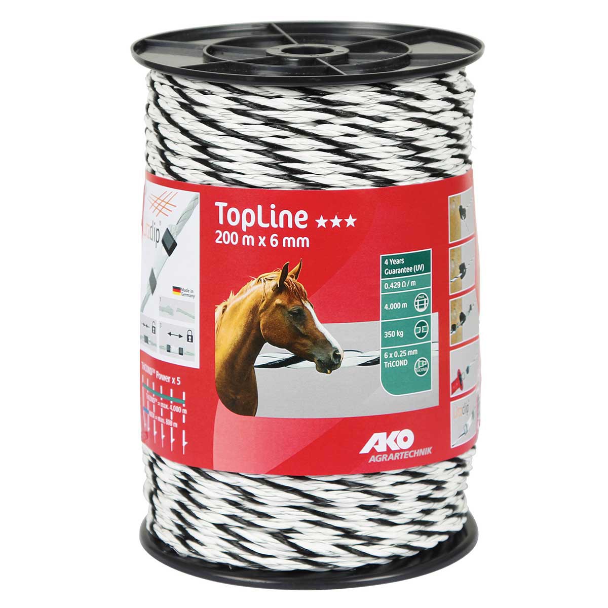 Corde de clôture de électrique AKO TopLine Plus tricond blanc/noir 200 m