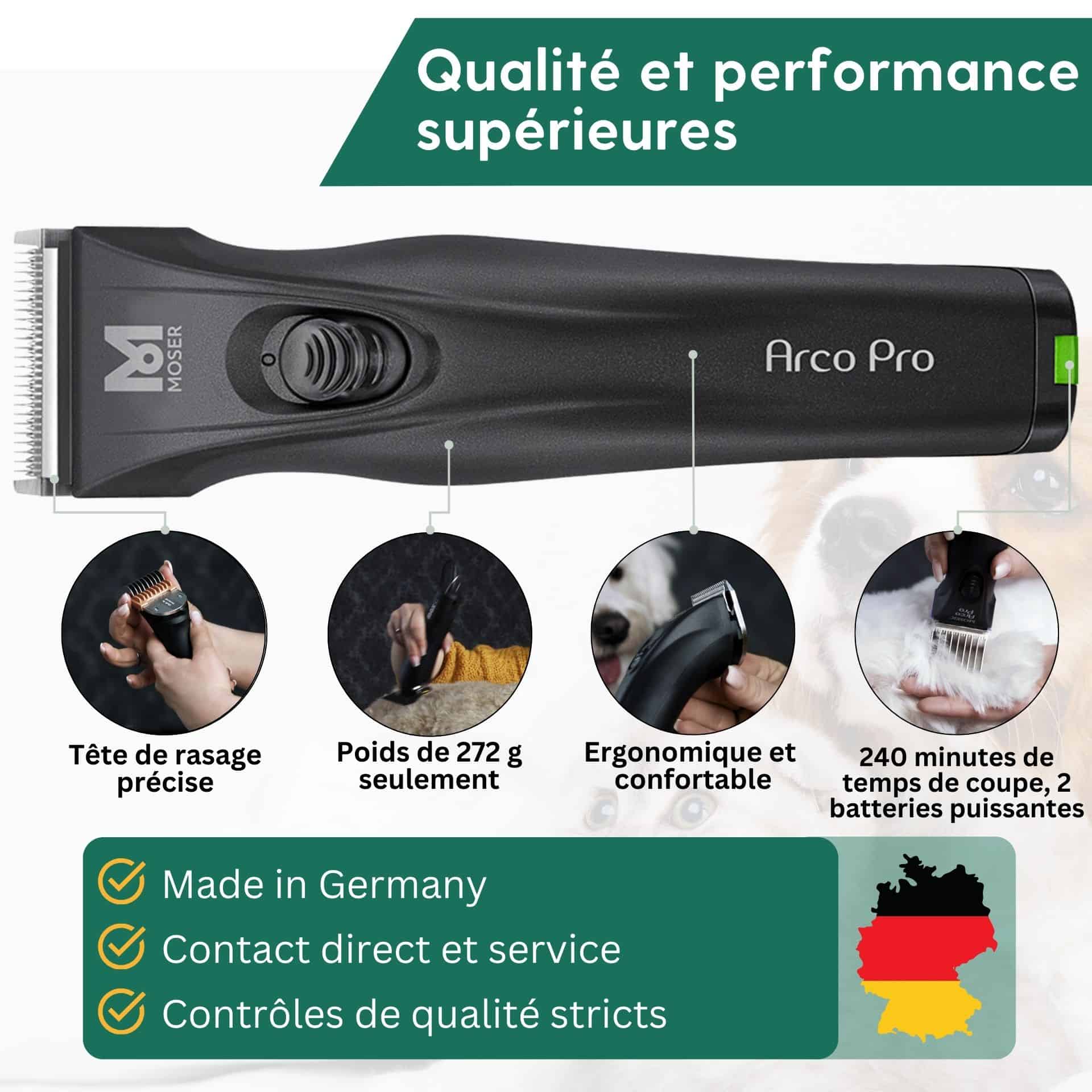 Tondeuse Moser Arco Pro pour chiens  - 2 batteries incluses et jeu de 8 peignes